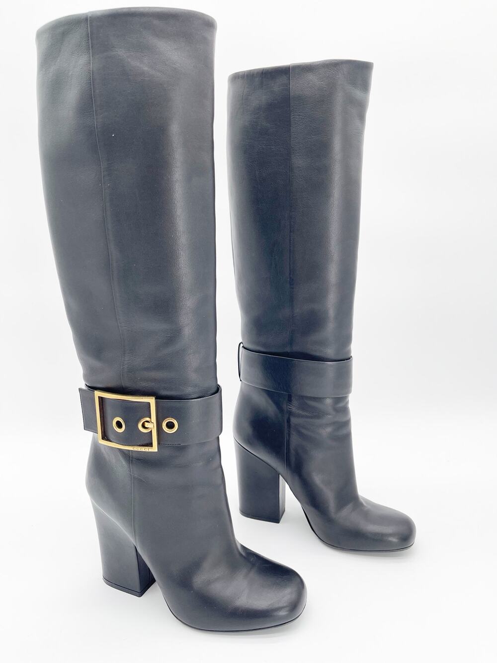 Gucci Kesha Black Leather Buckle Knee High Block Heel Riding Boots IT 39